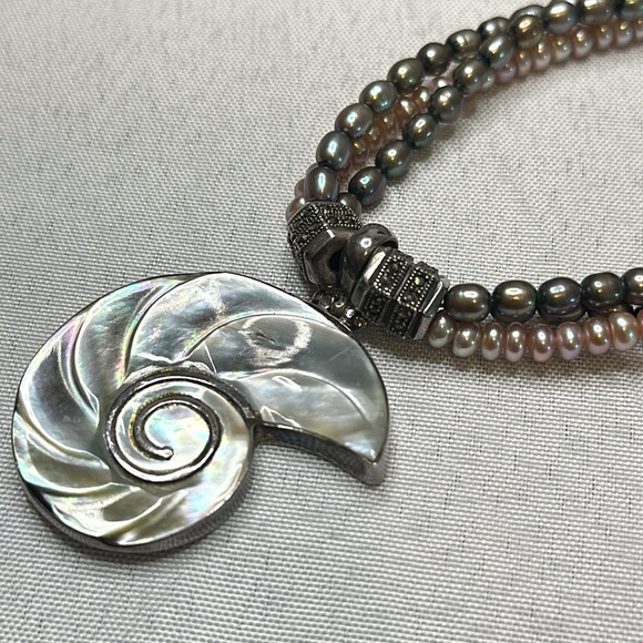 Ammonite Mother Of Pearl & Fresh Water Pearl Necklace 925 - Picture 5 of 7